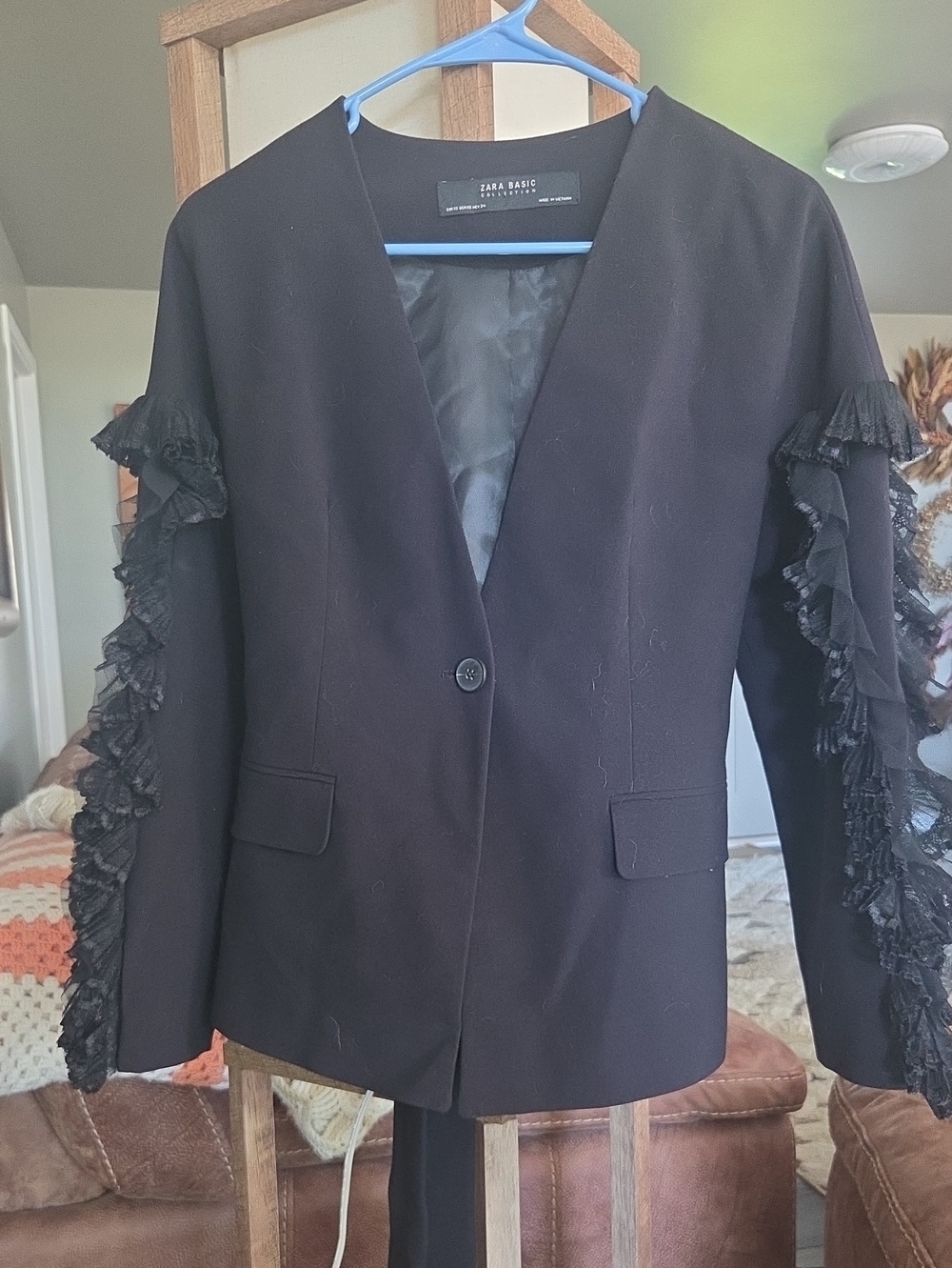 Zara Black Blazer with Ruffle Sleeve Detail